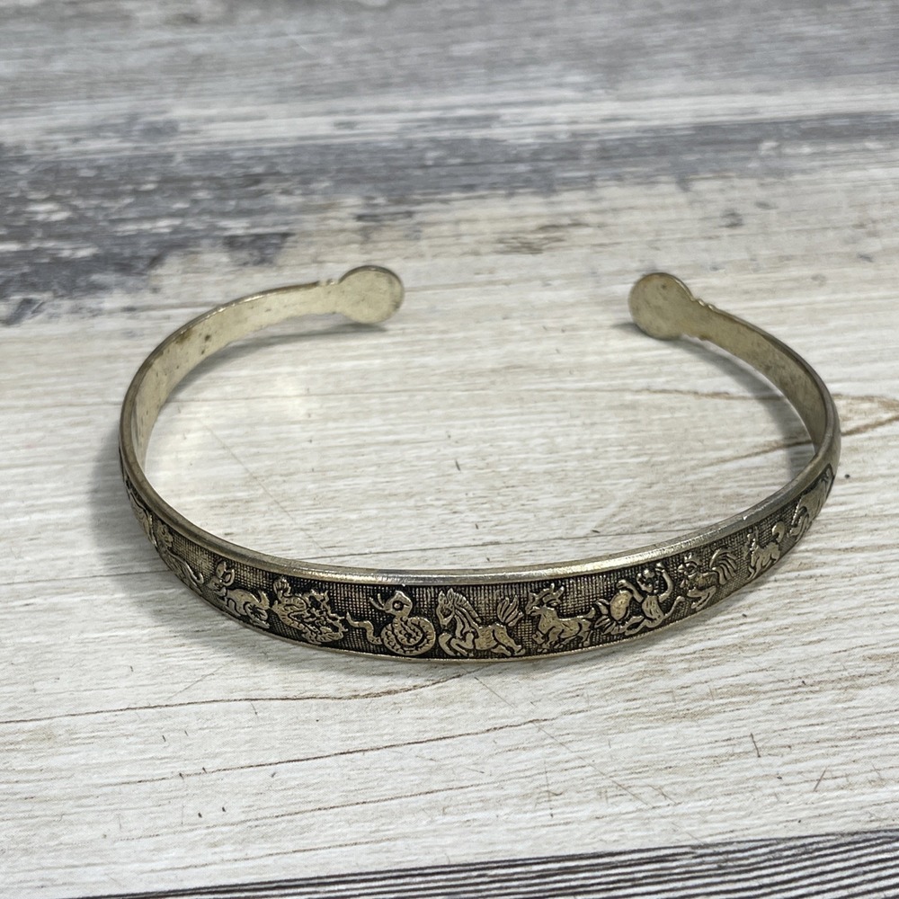 Sterling Silver 12 Detailed Animal Noah's Arc Cuff Bracelet Vintage